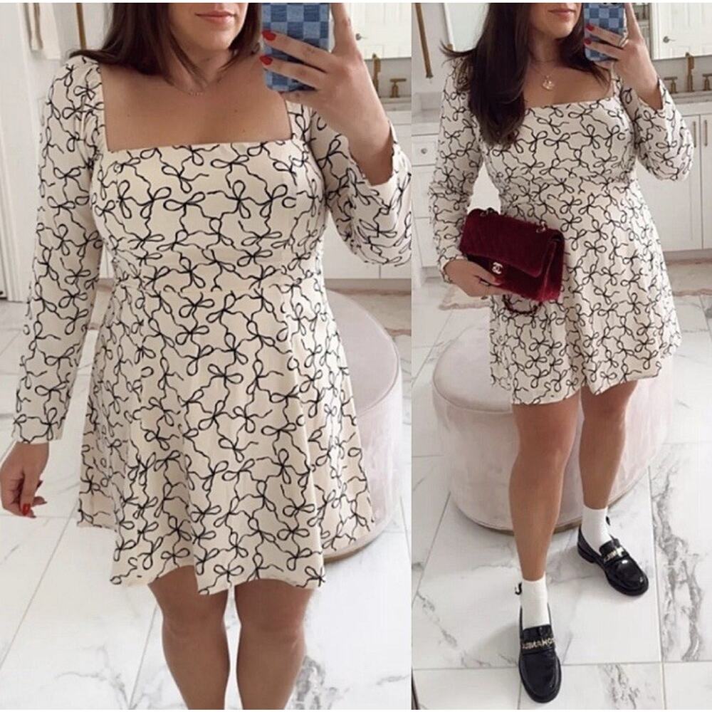 Abercrombie & Fitch XS Bow Print Dress Mini Babydoll Croquette Holiday New i13